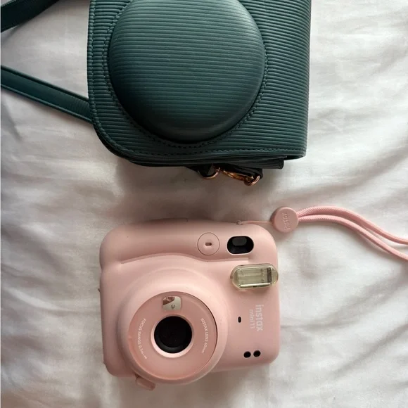 Instax Mini Pink Camera with Green Case - Picture 1 of 2
